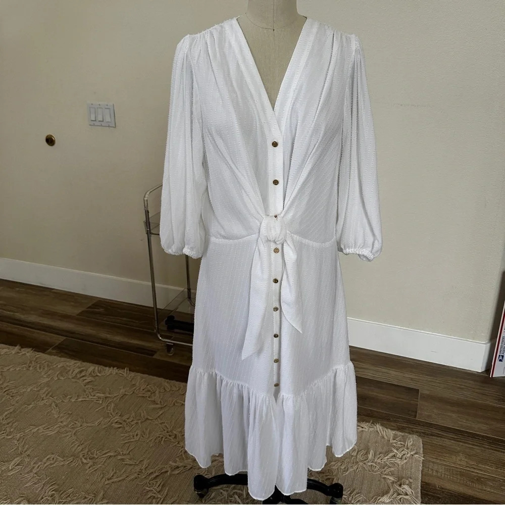 Michael Kors Button Front Swiss Dot Dress in White with Tie at Waist - 1X - New - Picture 3 of 12